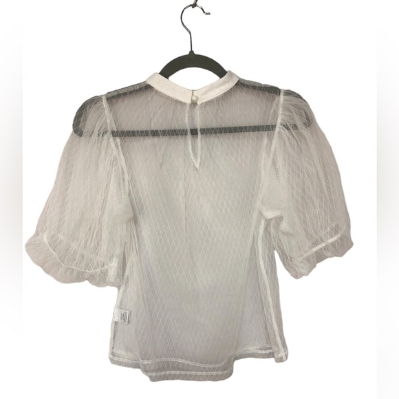 Gina Women’s Top Puff Sleeve Sheer Diamond Pattern Cropped Single Button Close - Picture 2 of 9